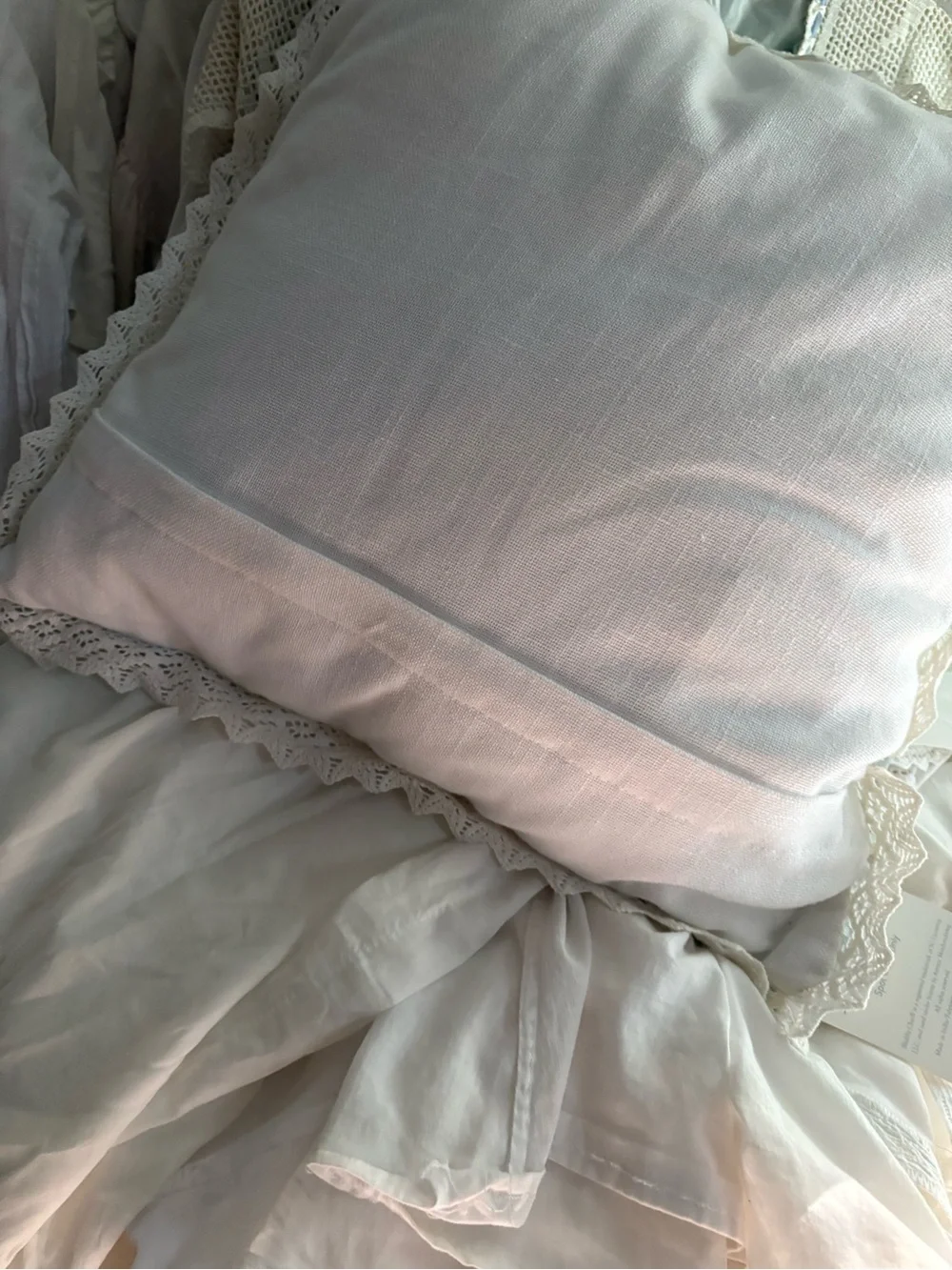 Shabby Chic Aqua Blue Floral Lace-Trim Throw Pillow